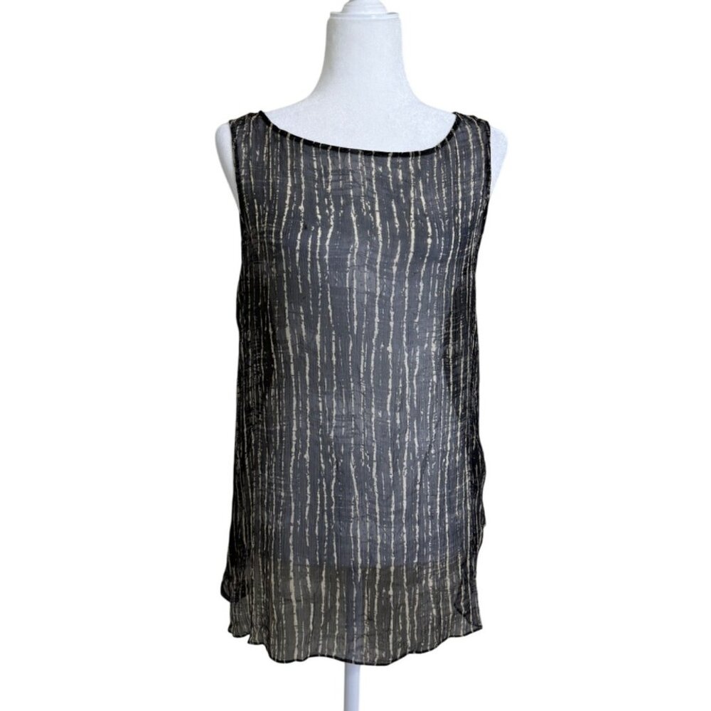 Eileen Fisher Sheer Silk Sleeveless Top Abstract Stripe Black Beige Size M